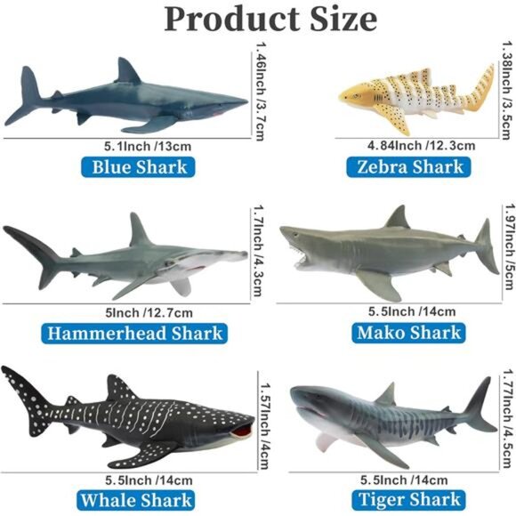 Toymany 6PC Realistic Shark Figurines Set - 5-6" Ocean Animals Bath Toys, Cake - Picture 3 of 7